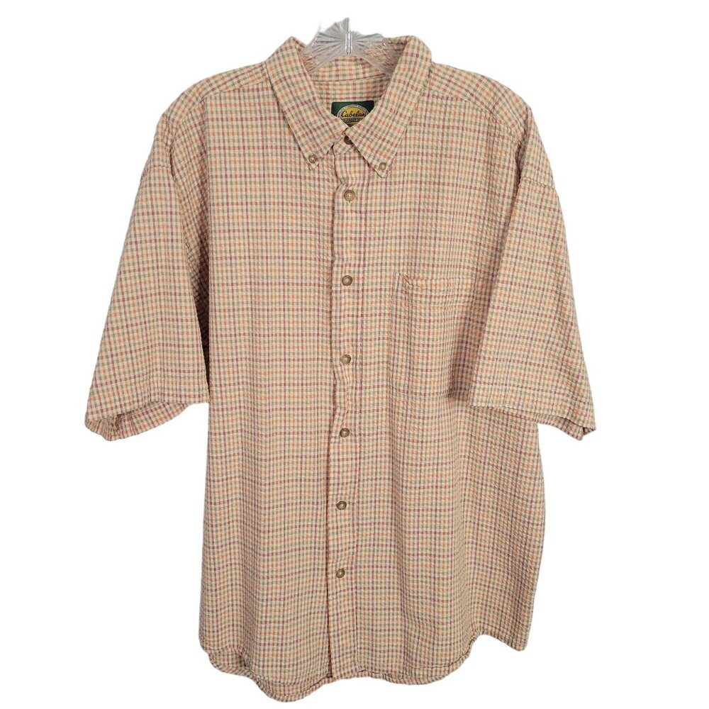Cabela's Mens Size XL Shirt Seersucker Short Sleeve Camp Outdoors Button Plaid